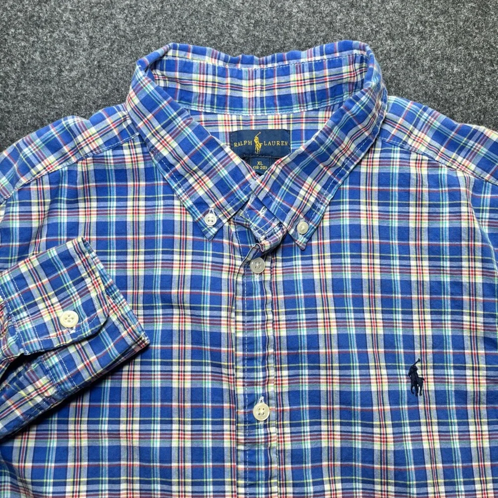 Ralph Lauren Button Down Kids XL 18-20 Blue Plaid Long Sleeve Shirt